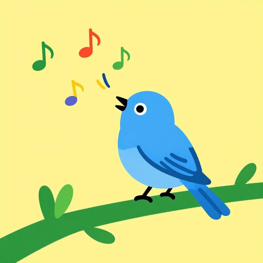 A small bird perched on a branch with music notes floating from its beak to represent a whistle sound.