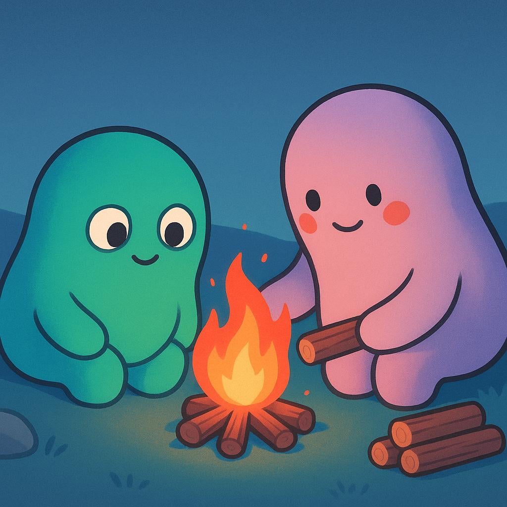 Two figures sitting next to a small campfire, adding the last few logs from a small, dwindling pile of wood, illustrating the consumption of resources.