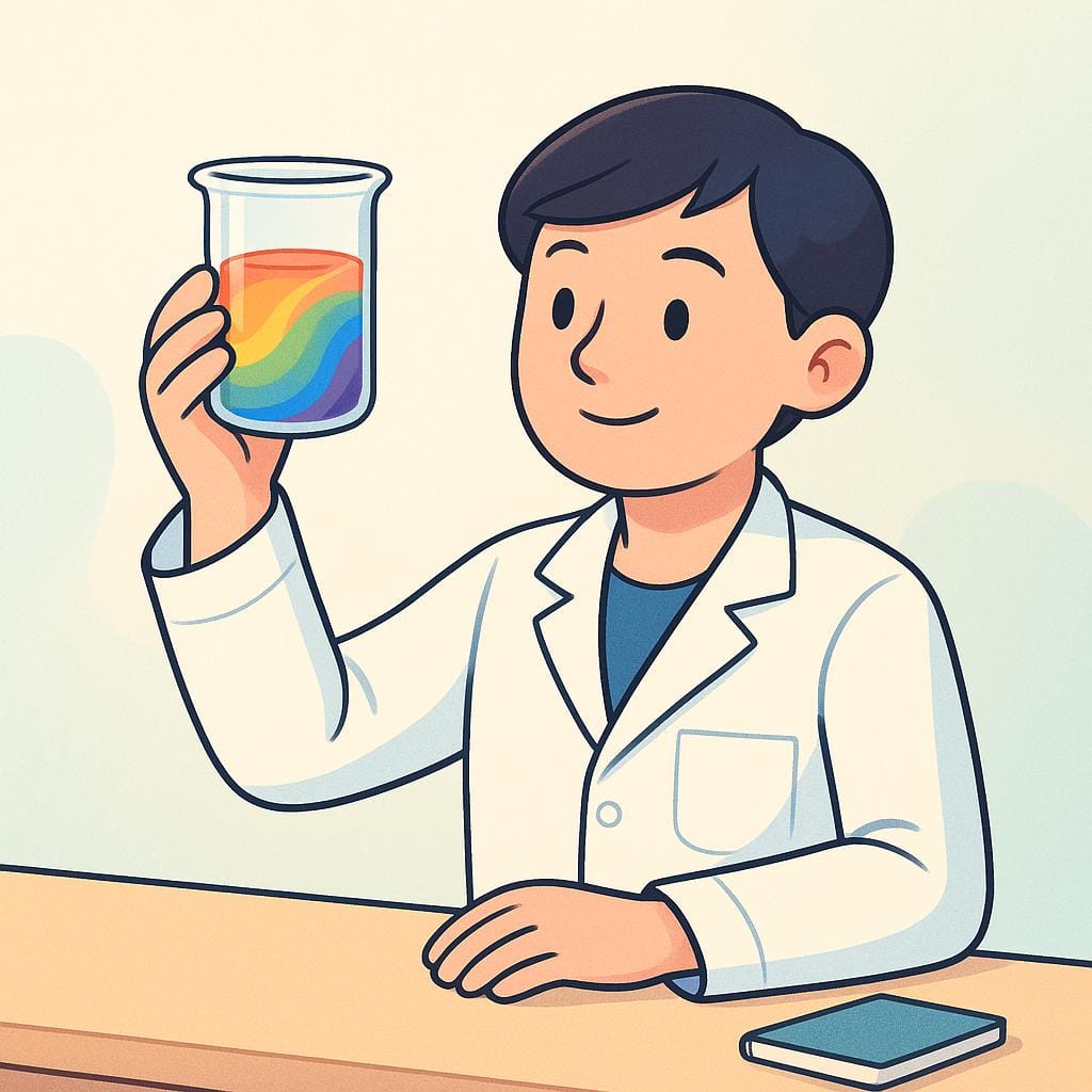 A focused scientist wearing a white lab coat is studying a beaker filled with bright blue liquid on a clean laboratory desk.