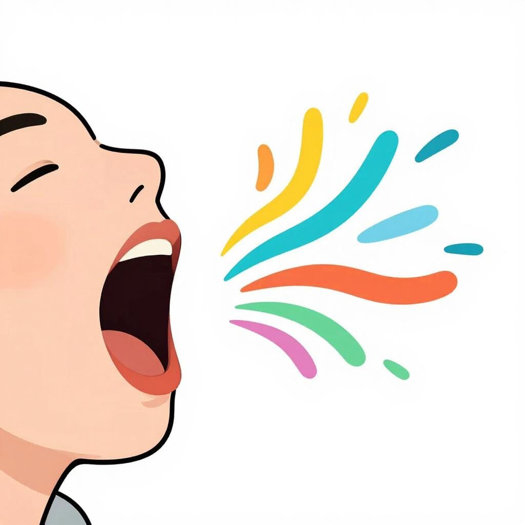 A friendly person speaking with visible sound waves coming from their mouth to represent spoken communication.