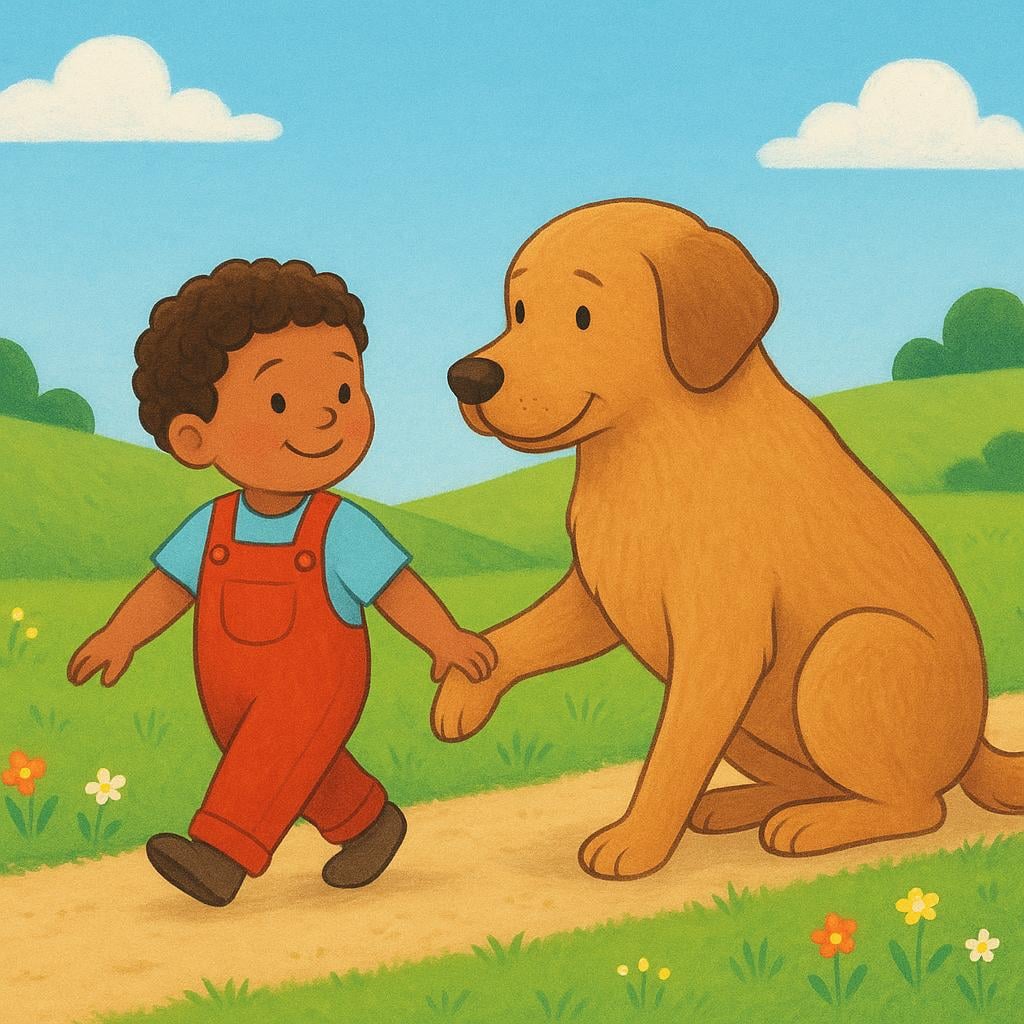 A brightly colored illustration showing a small child holding hands with a large, friendly brown dog. They are walking together on a sunny green path, symbolizing the bond of loyalty and faithfulness.