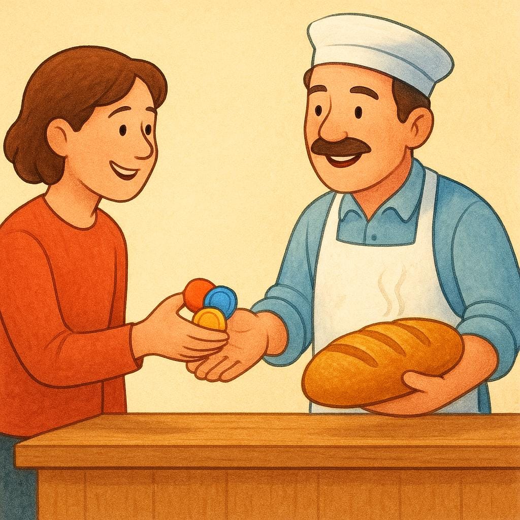 Een blije klant die contant geld aan een verkoper over een toonbank geeft in ruil voor een product, wat een financiële transactie illustreert.