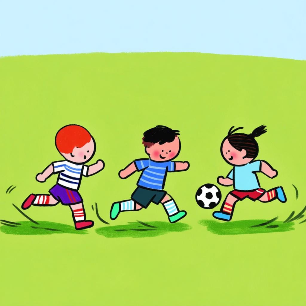 Three children running and kicking a soccer ball on a green field, showing an ongoing activity in the past.