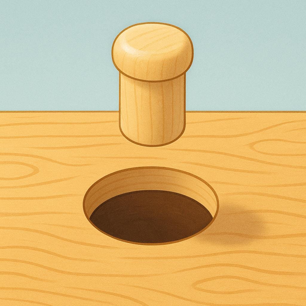 A clear wooden peg hovering slightly above the empty round hole it was removed from on a simple wooden board, representing the act of removal.