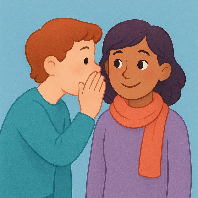 A friendly person whispering a secret into another person's ear in a colorful, storybook style.