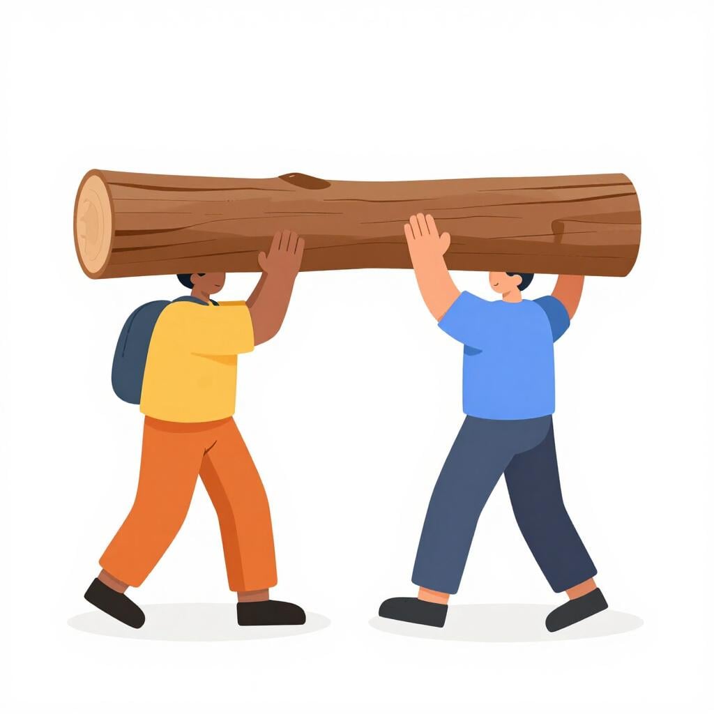 Duas pessoas juntas segurando uma viga de madeira pesada para mostrar responsabilidade compartilhada.