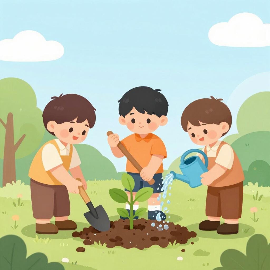 A group of friends working together to plant a small tree in a garden.