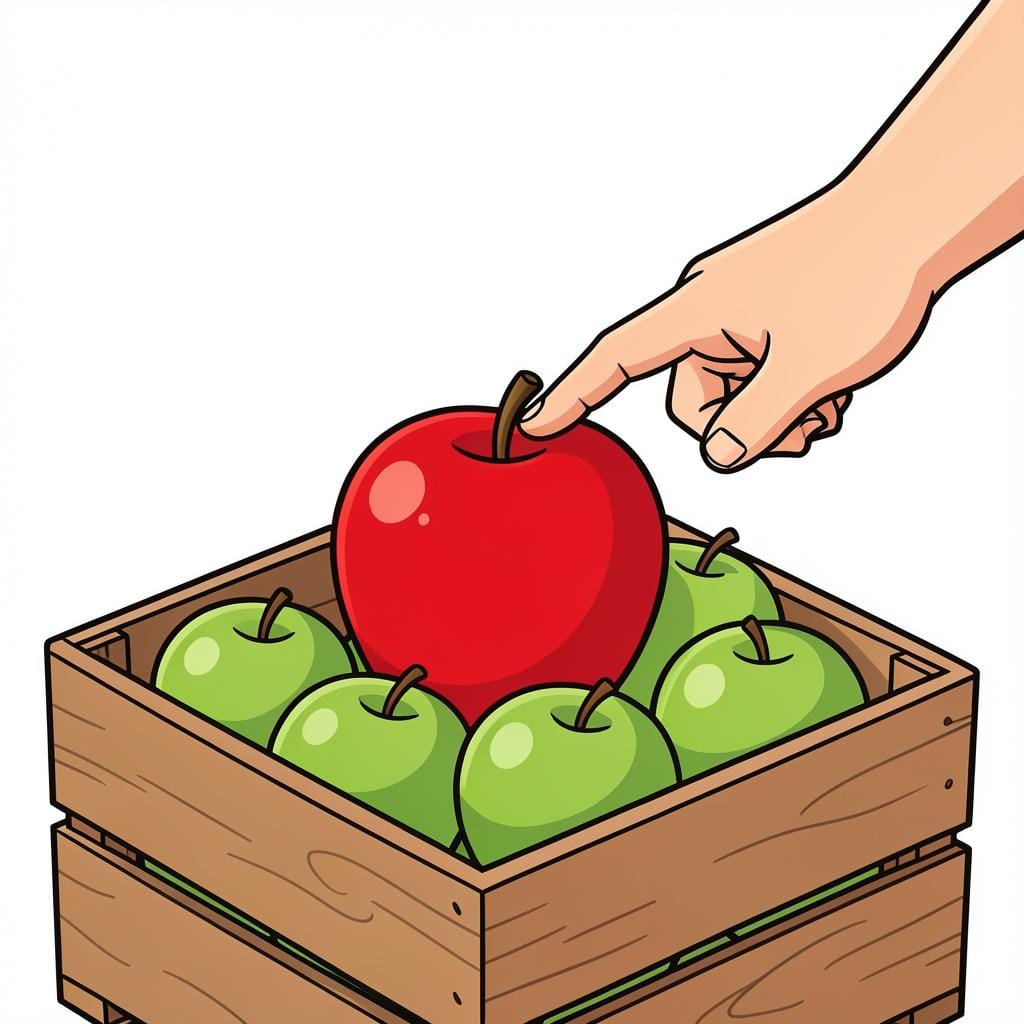 Una persona indica una mela rossa specifica tra un mucchio di mele verdi.