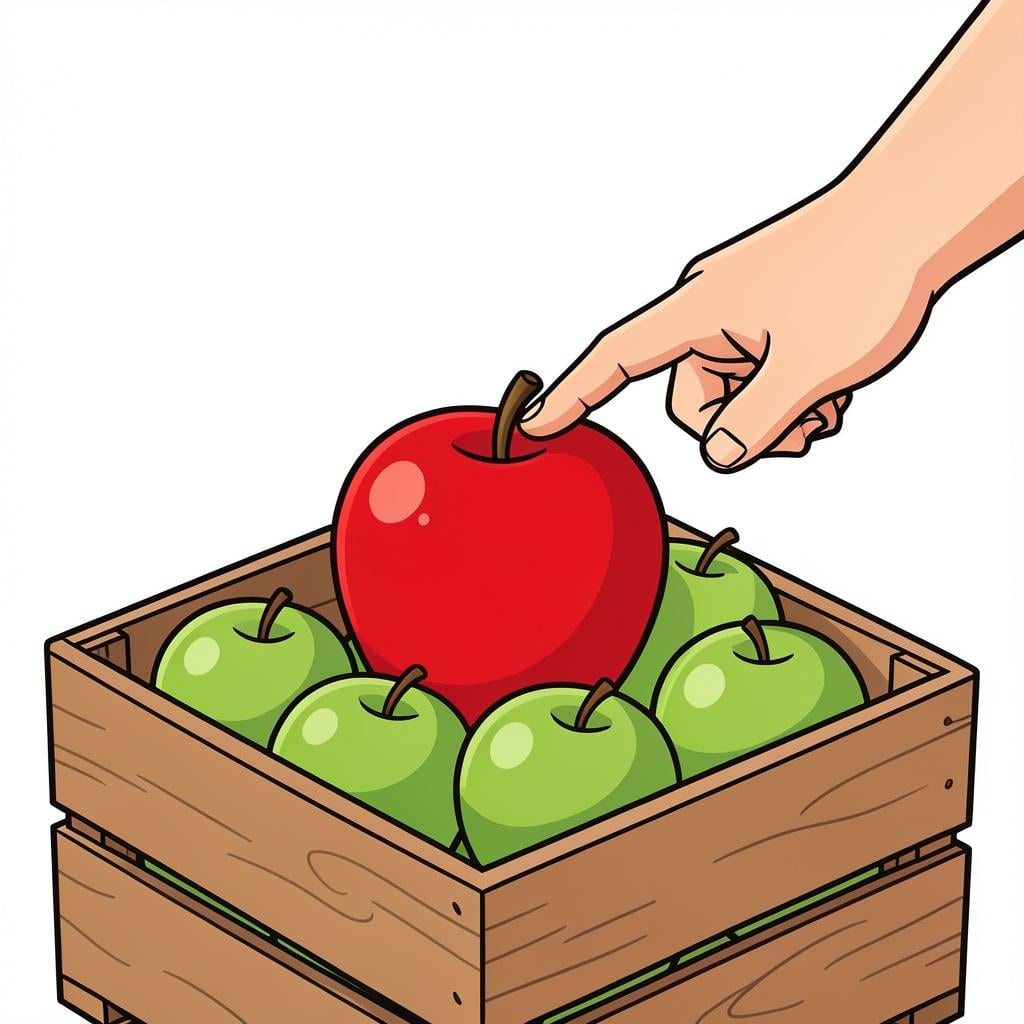 A person pointing their finger at one red apple among a pile of green apples.