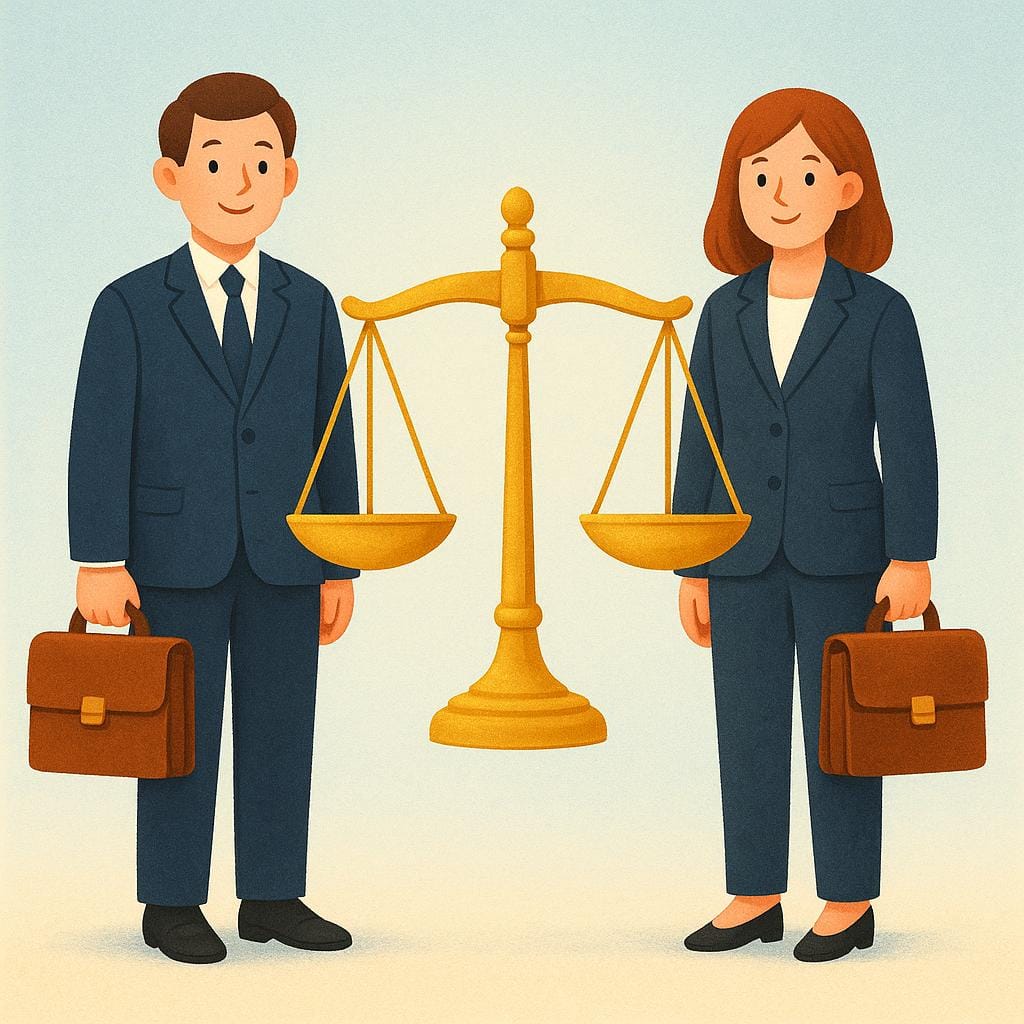 A storybook illustration showing a male and a female figure, both dressed in simple dark professional suits, each holding a brown briefcase. A large, balanced scale of justice is visible between them.