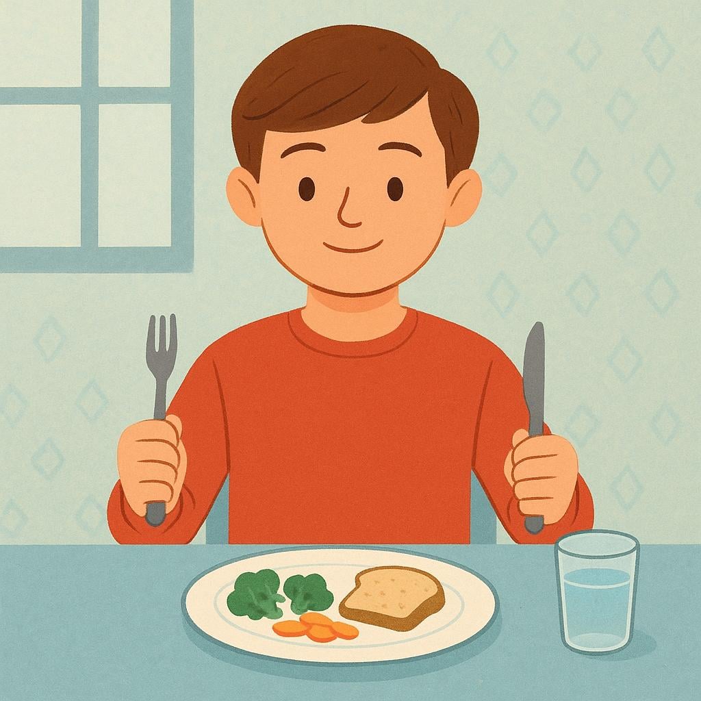 A child demonstrating excellent posture and proper use of utensils while sitting at a table, symbolizing decorum and proper behavior.