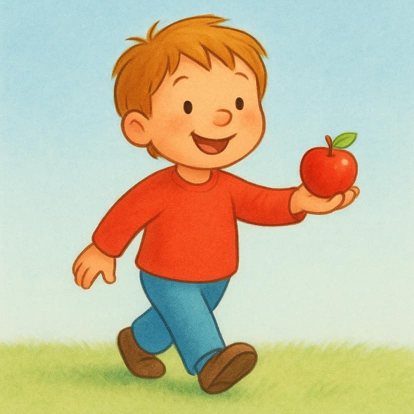 Ein kleines Kind, das lächelt, nach vorne geht und einen leuchtend roten Apfel präsentiert, den es in der Hand hält.