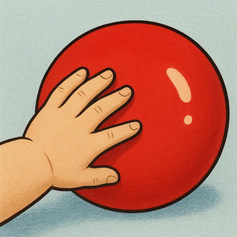 A close-up of a small hand gently touching the smooth, bright surface of a red sphere.
