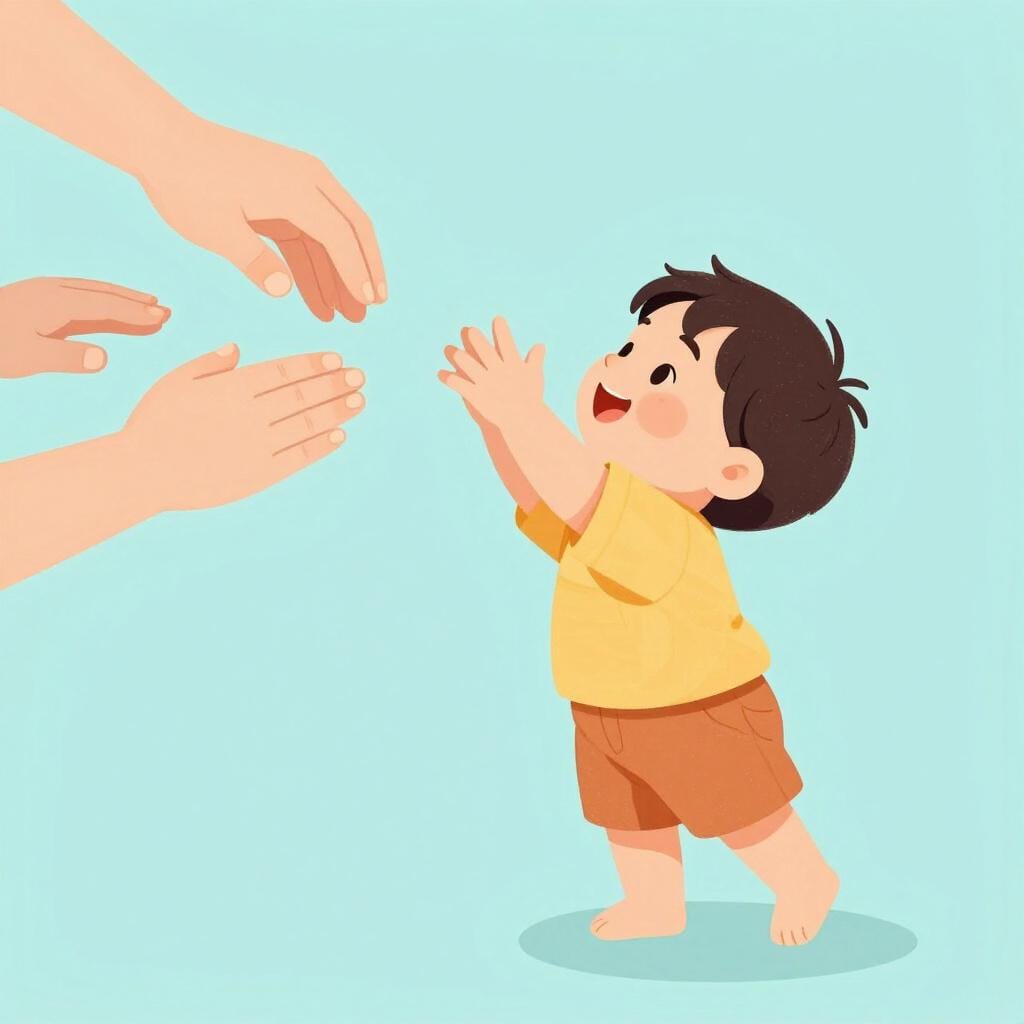 Un bambino piccolo che tende le braccia verso l'alto, verso le mani di un adulto per essere sollevato.