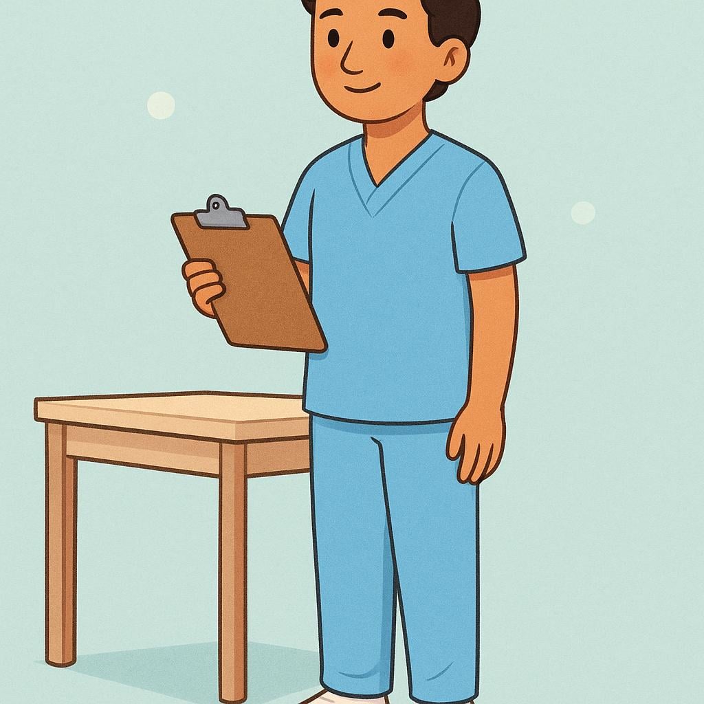 A young adult wearing light blue medical scrubs, holding a clipboard and standing next to a simple desk, suggesting an intern or trainee.
