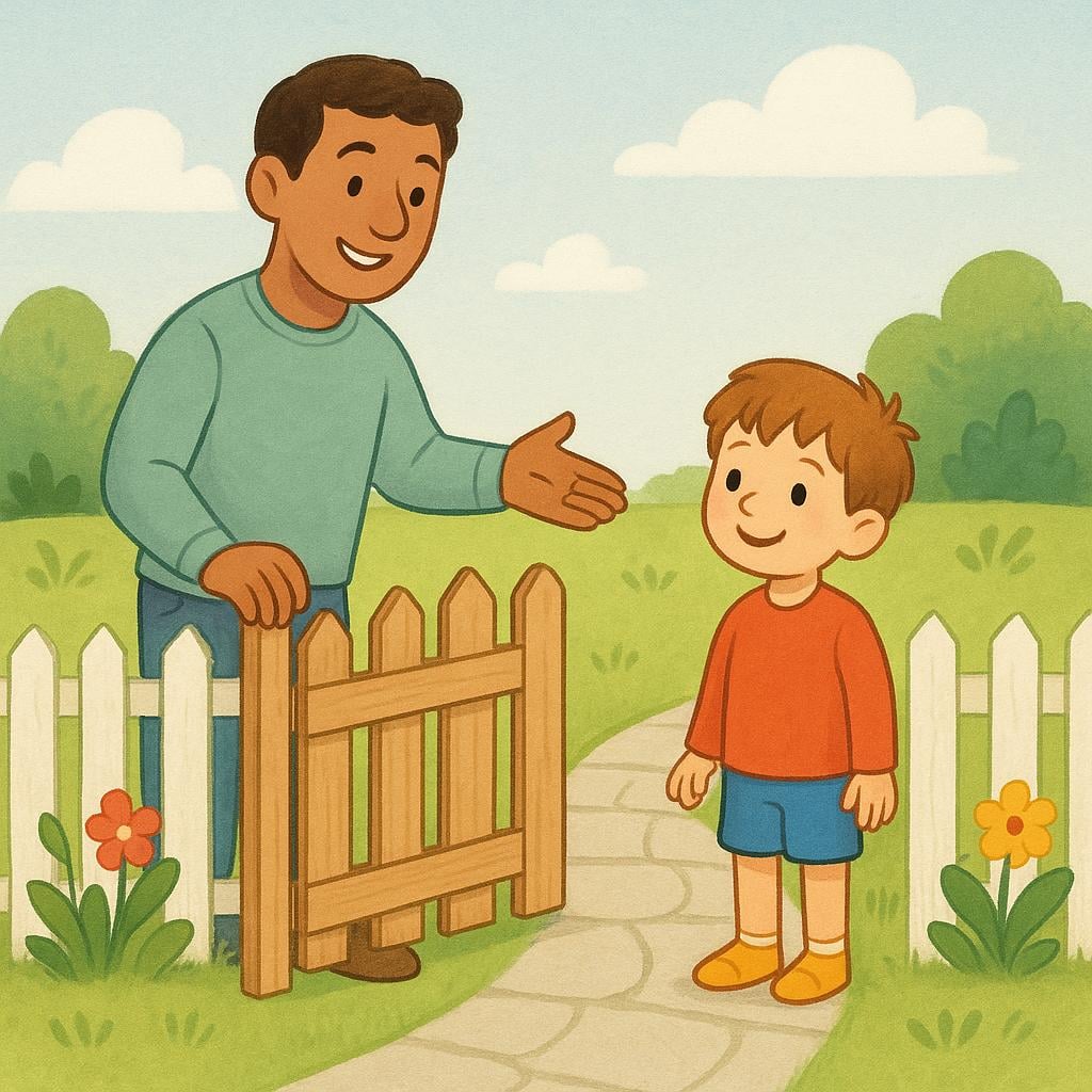 A storybook illustration depicting a friendly adult holding open a wooden fence gate with an inviting gesture towards a waiting child, symbolizing giving permission.