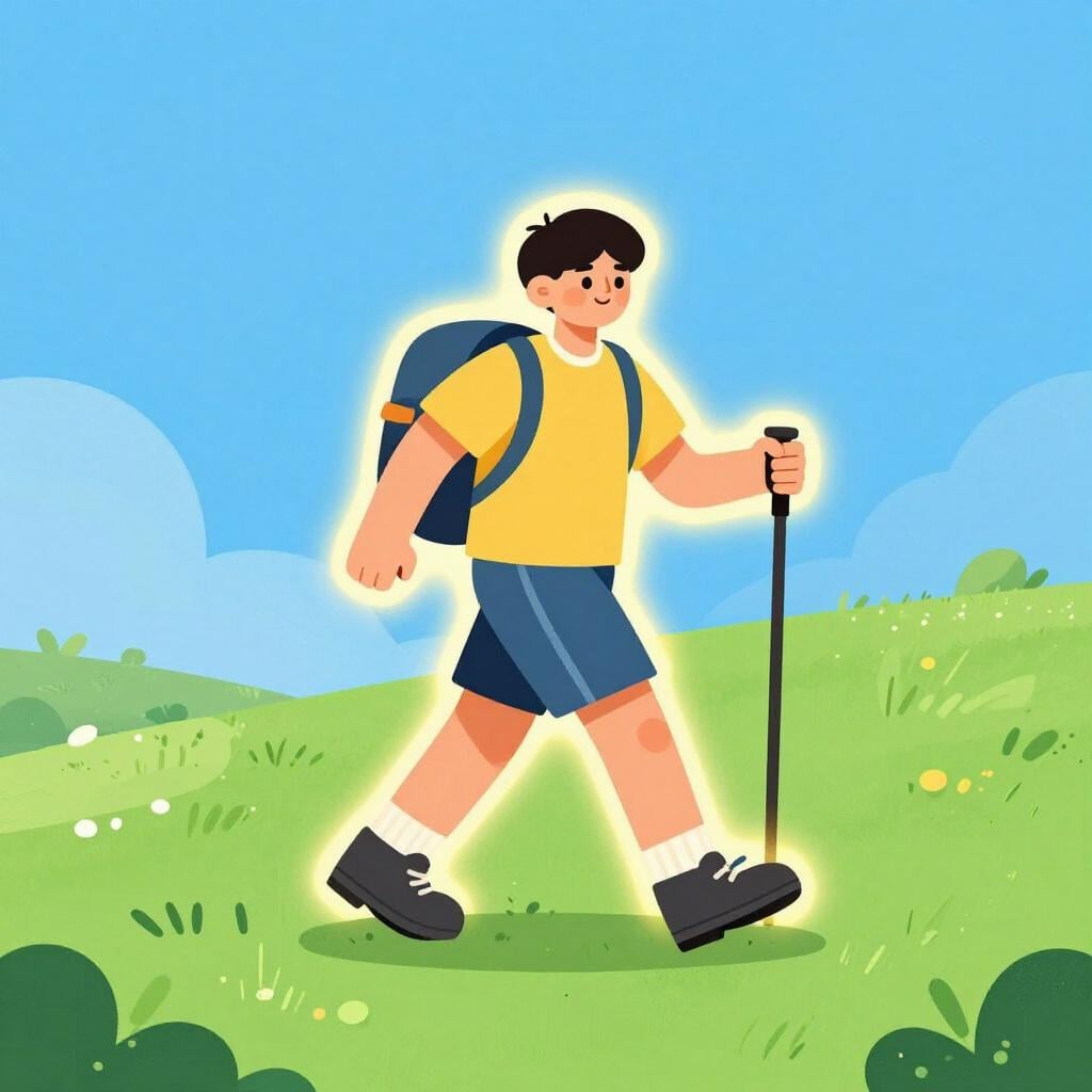 A strong, healthy person hiking up a green mountain under a bright sun.