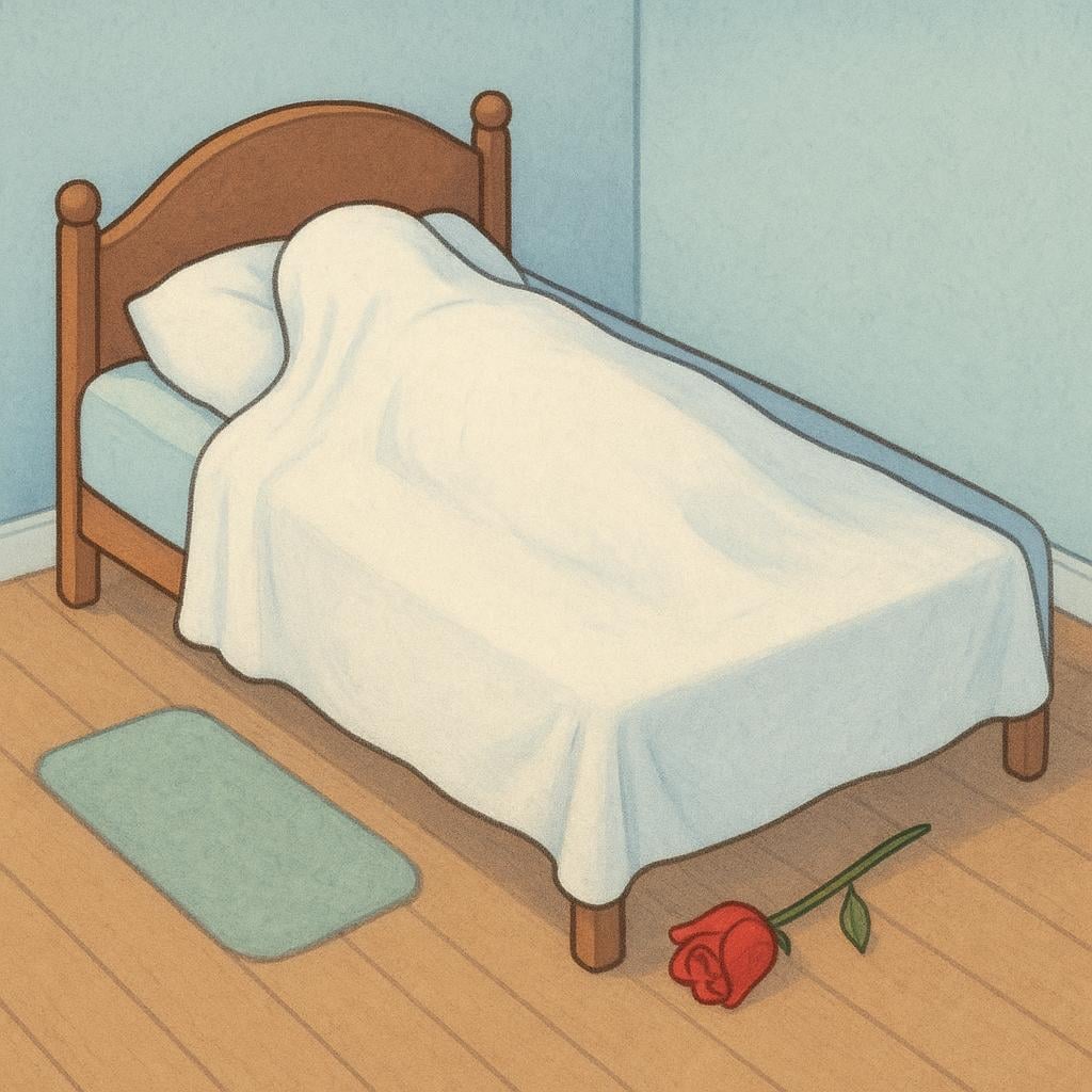 A simple colorful storybook illustration showing a female figure lying completely still and covered by a white sheet on a simple bed. A stylized wilting red rose is placed on the floor beside the bed, symbolizing tragedy.