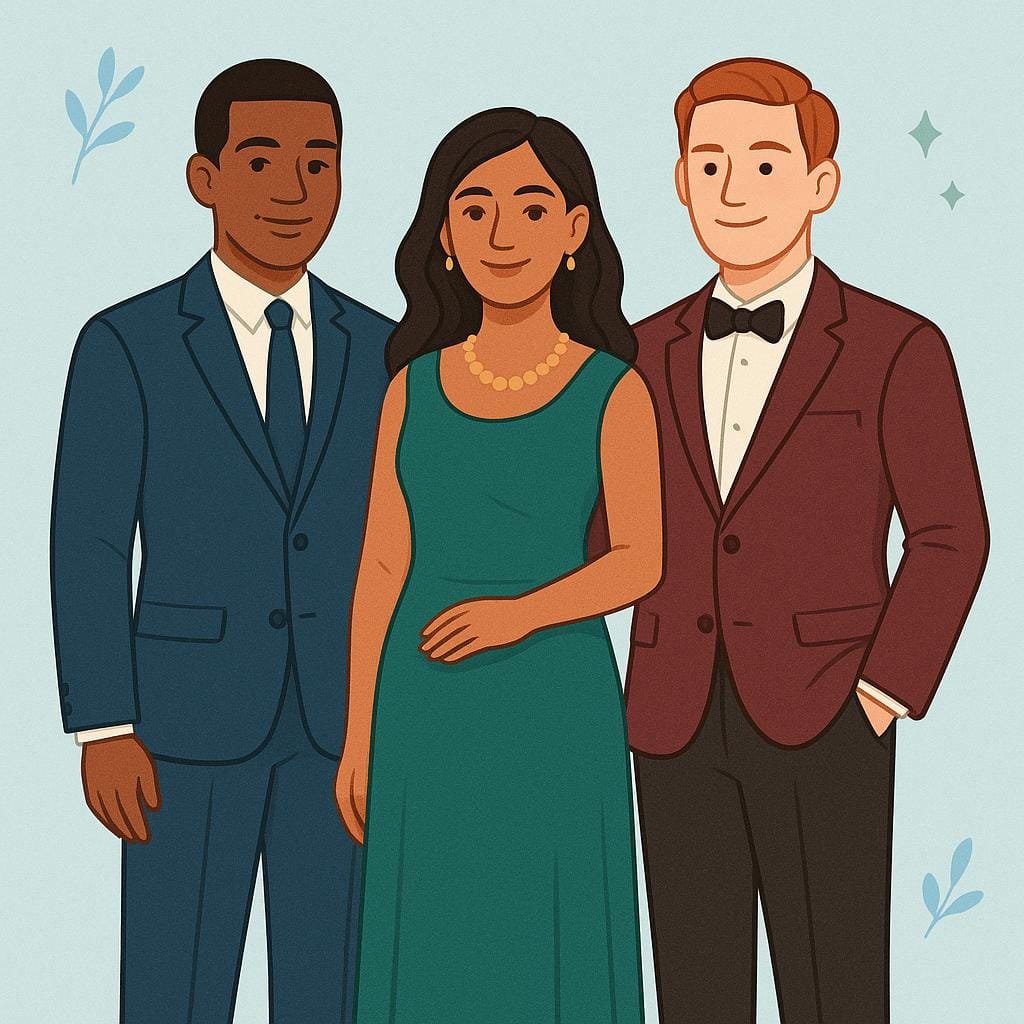 A group illustration featuring three people wearing smart, formal attire, smiling confidently and looking prosperous.