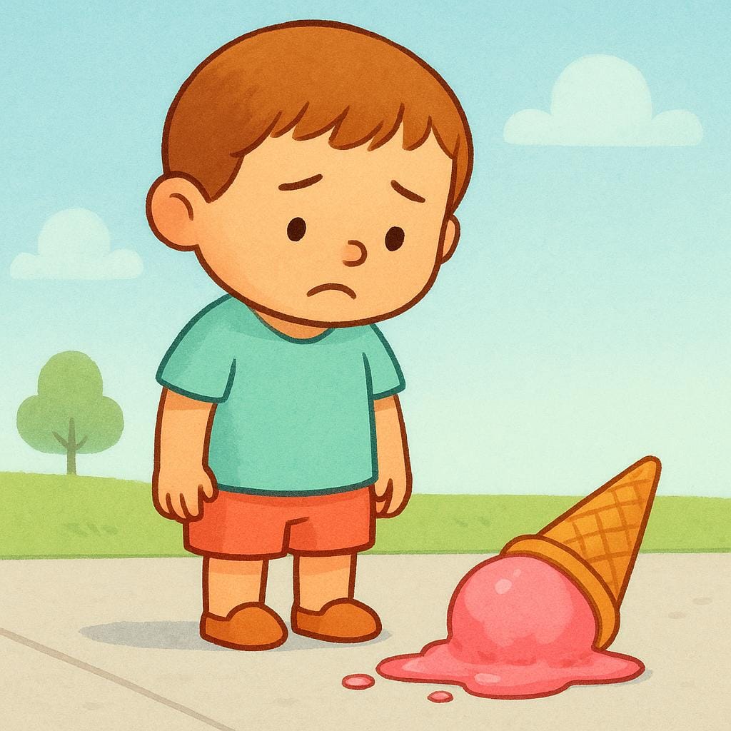 A storybook illustration of a child looking down sadly at a dropped and melting pink ice cream cone on the sidewalk, symbolizing regret over a mistake.