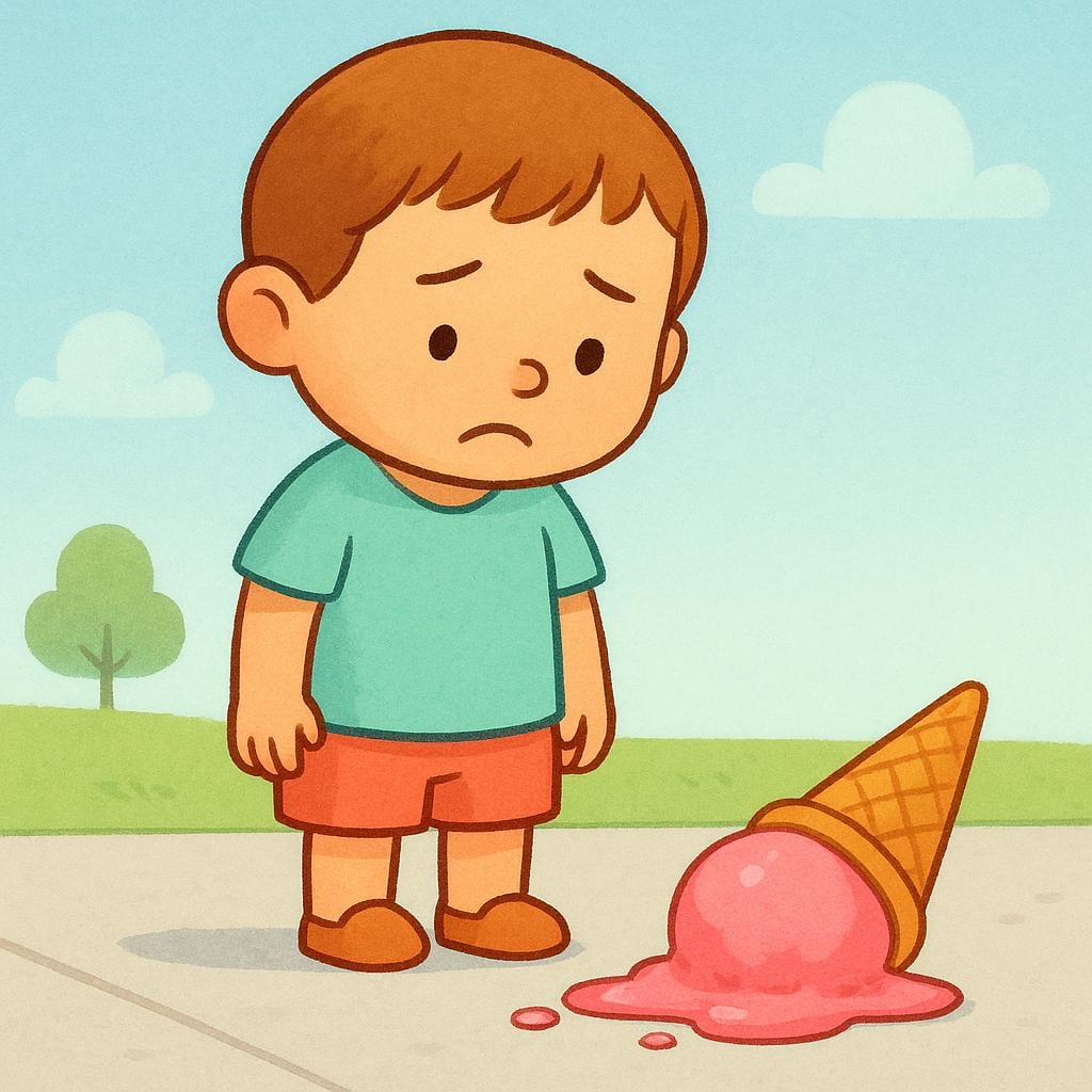 A storybook illustration of a child looking down sadly at a dropped and melting pink ice cream cone on the sidewalk, symbolizing regret over a mistake.