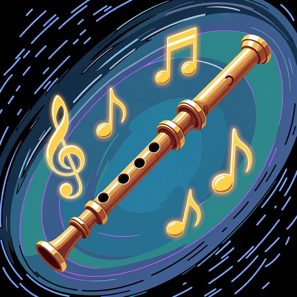 Golden musical notes floating out of a wooden flute, representing a sweet sound or tune.