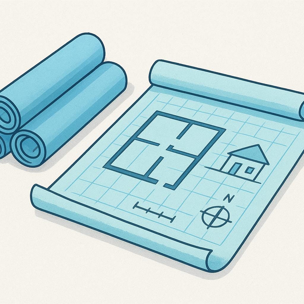 A stack of rolled-up blue architectural blueprints tied with a ribbon, next to one blueprint partially unrolled showing white technical drawing lines on a blue background.