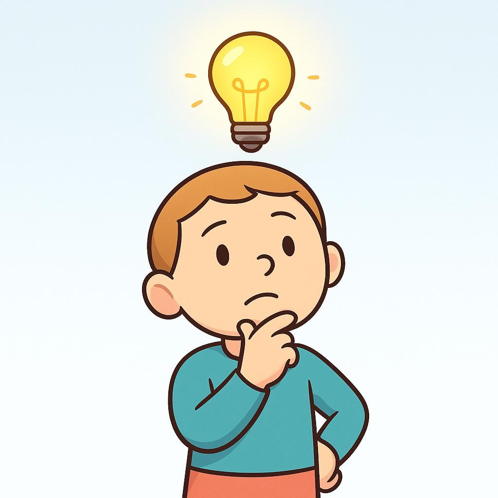 A cartoon figure looking thoughtful, with a brightly glowing yellow lightbulb appearing directly above their head, symbolizing understanding.