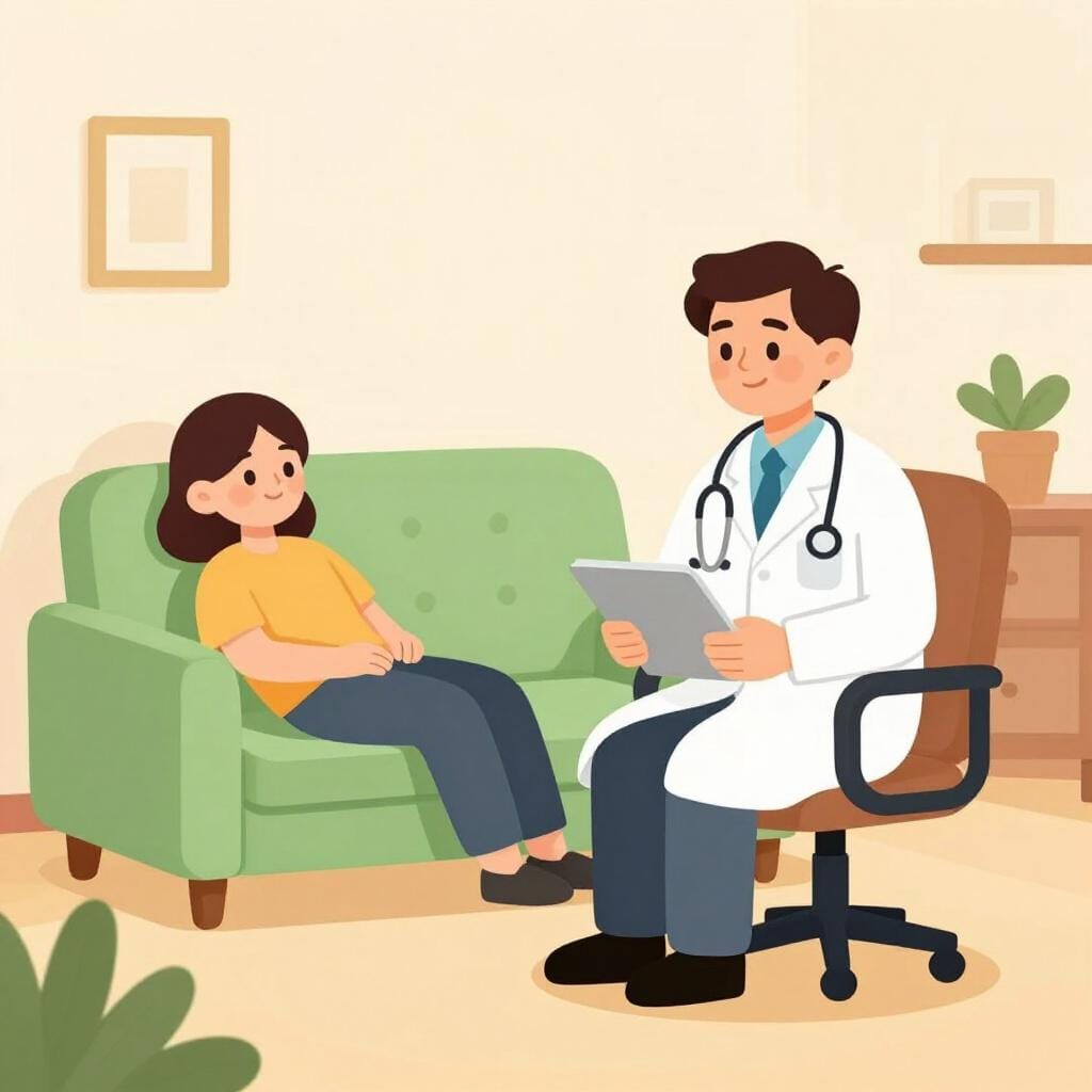 A doctor sitting in a chair next to a person resting on a comfortable sofa in a peaceful, cozy office.