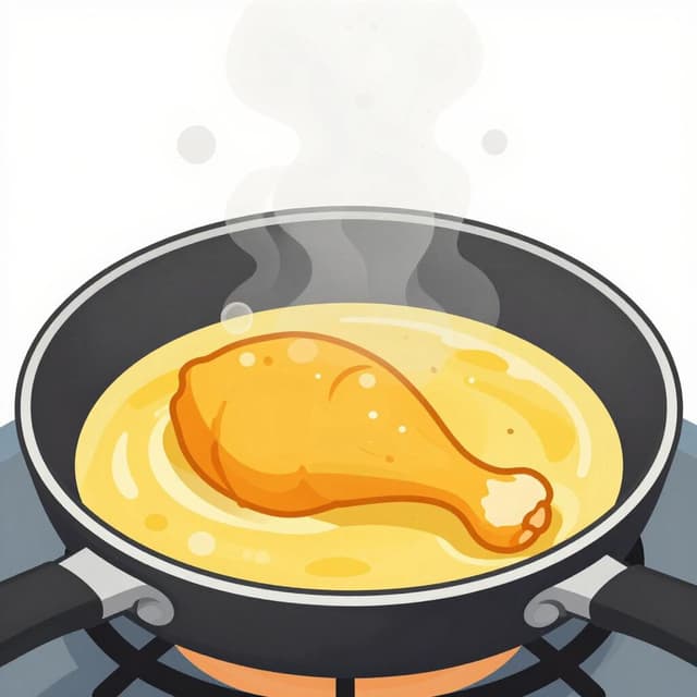 Un morceau de poulet qui grésille dans une poêle d'huile chaude.