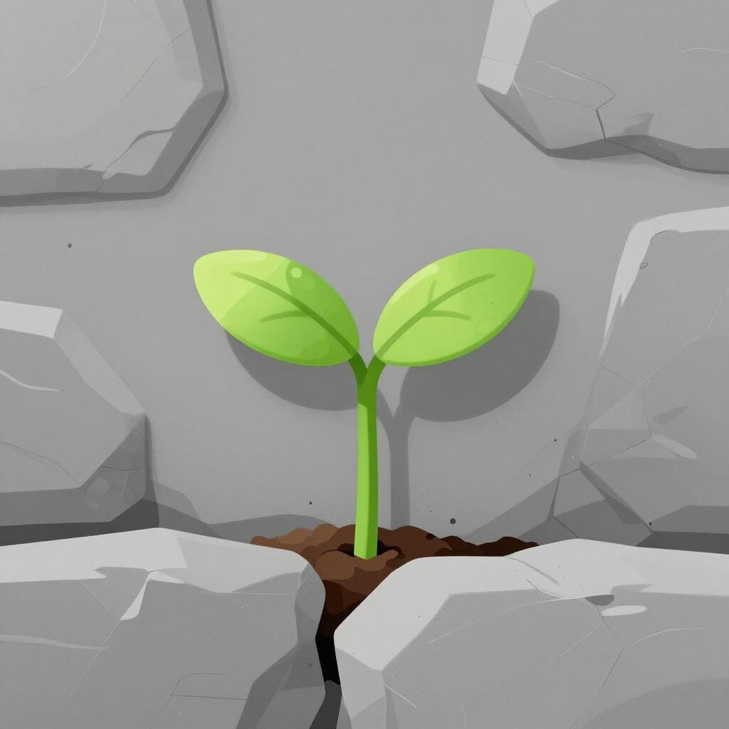 Een klein groen plantje dat uit een scheur in een stenen muur groeit.