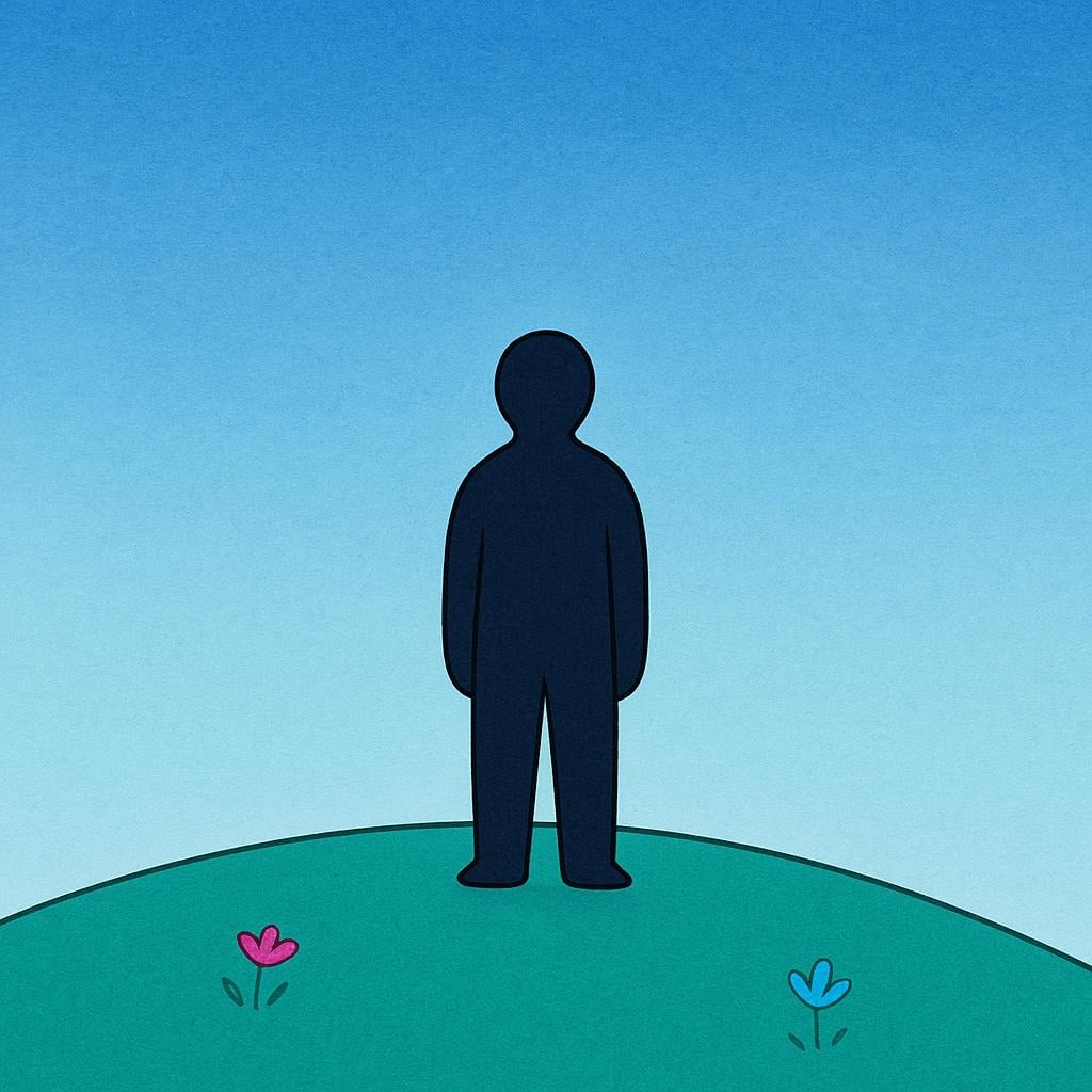 A simple, dark silhouette of a person standing alone on top of a gentle green hill against a bright, colorful sky. The person's identity is obscured.