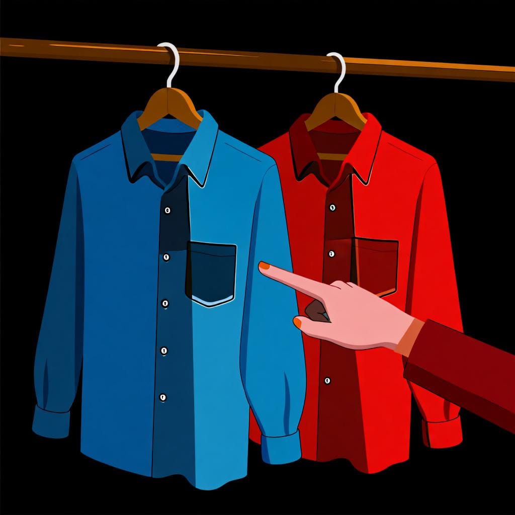 ラックに並んだ赤いシャツと青いシャツの中から、特定の青いシャツを指差す手。これは「そのもの」の選択を示している。