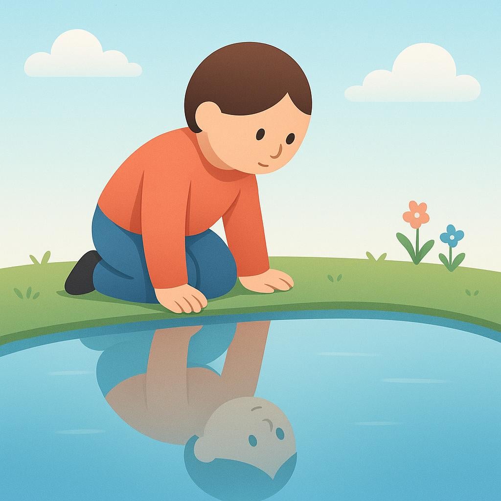 A friendly cartoon figure, kneeling beside a calm, clear pool of water, looking down intently at their own reflection visible on the surface.