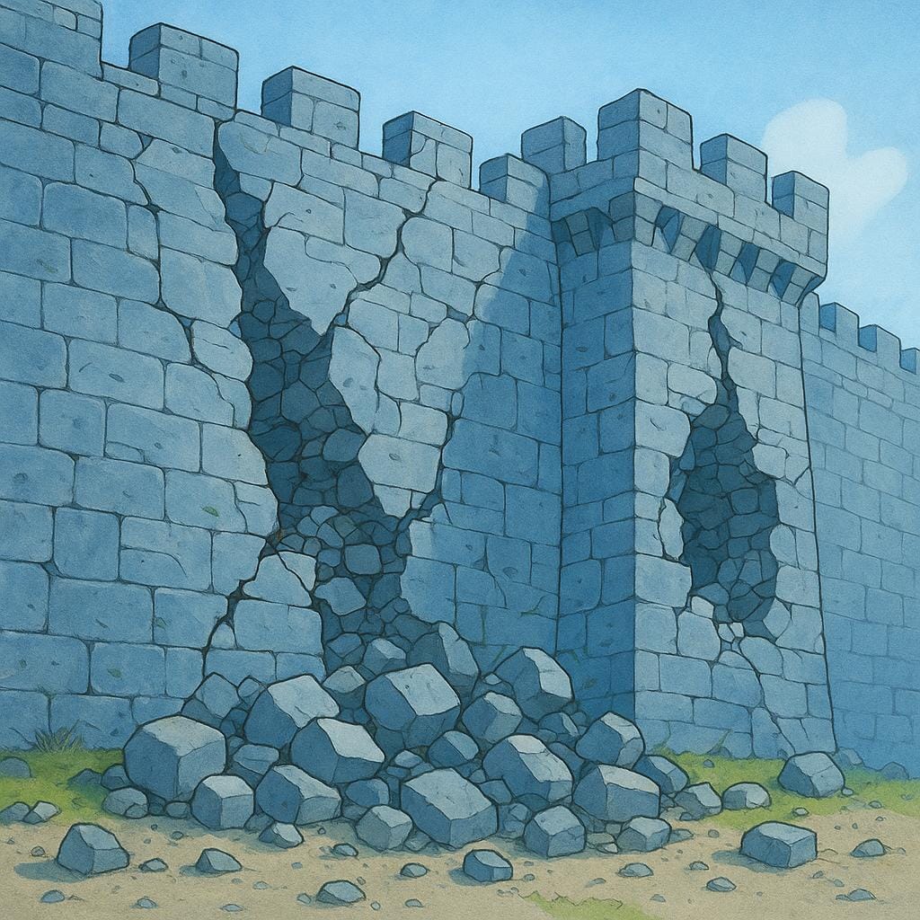 A crumbling, ancient stone castle wall showing significant cracks and large pieces falling away, symbolizing complete destruction and ruin.