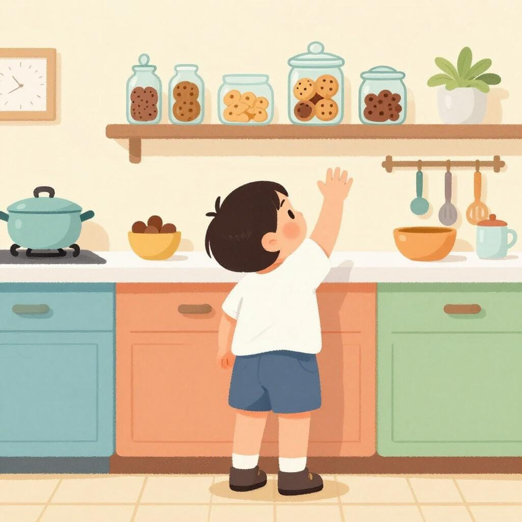 A child reaching for a high shelf with a look of determination.