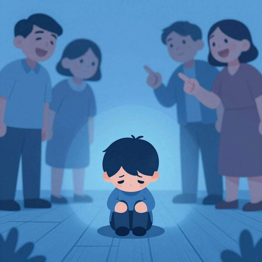 A sad character sitting on the floor while others point and laugh from a distance.