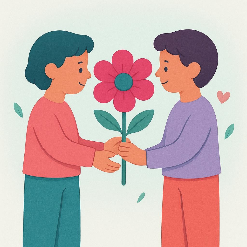 Two friendly, stylized figures standing facing each other, both extending a flower toward the other person, symbolizing a mutual exchange of goodwill.