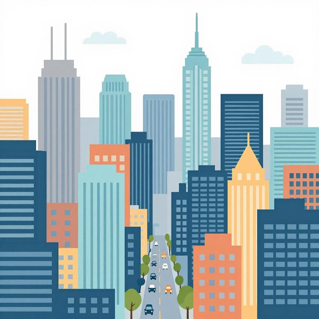 A bustling urban landscape with tall skyscrapers and many small colorful cars on the streets.