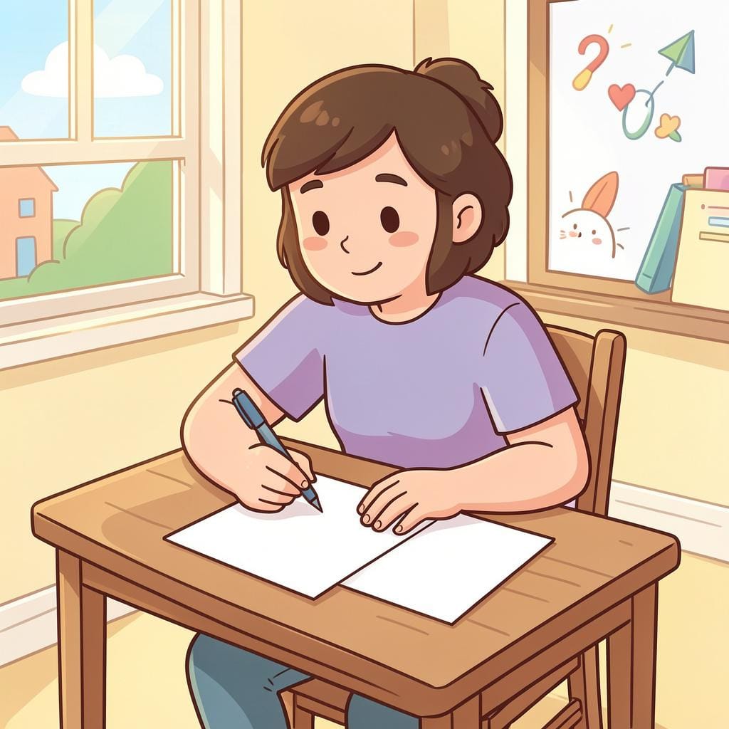 Une personne assise à un bureau avec une feuille de papier vierge et un stylo, regardant droit devant avec une expression déterminée.