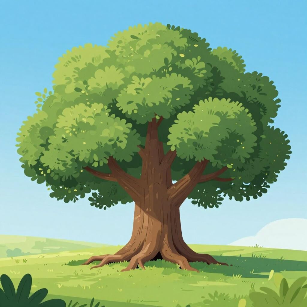 A large ancient oak tree with thick roots spreading deep into the soil of a green meadow.