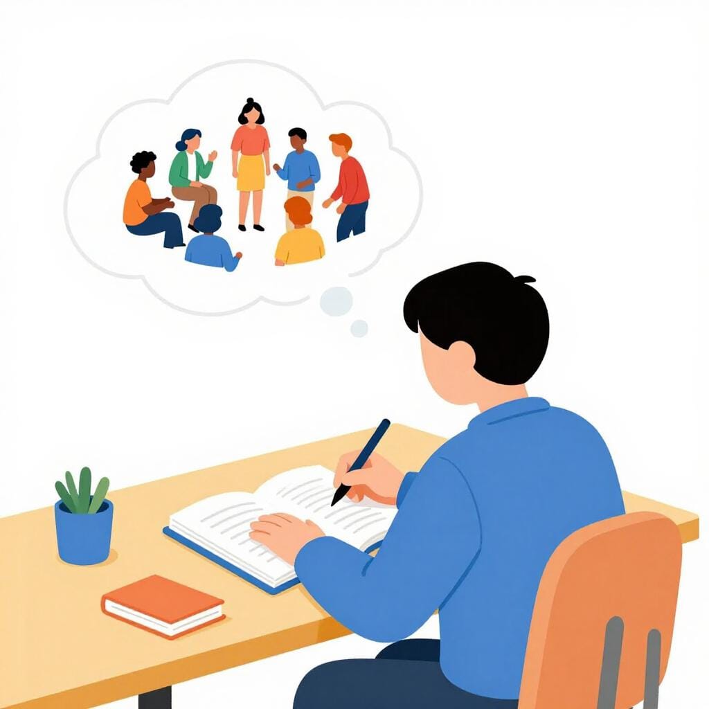 Een persoon die in een groot boek schrijft terwijl een echte scène gebeurt in een gedachtenballon erboven.