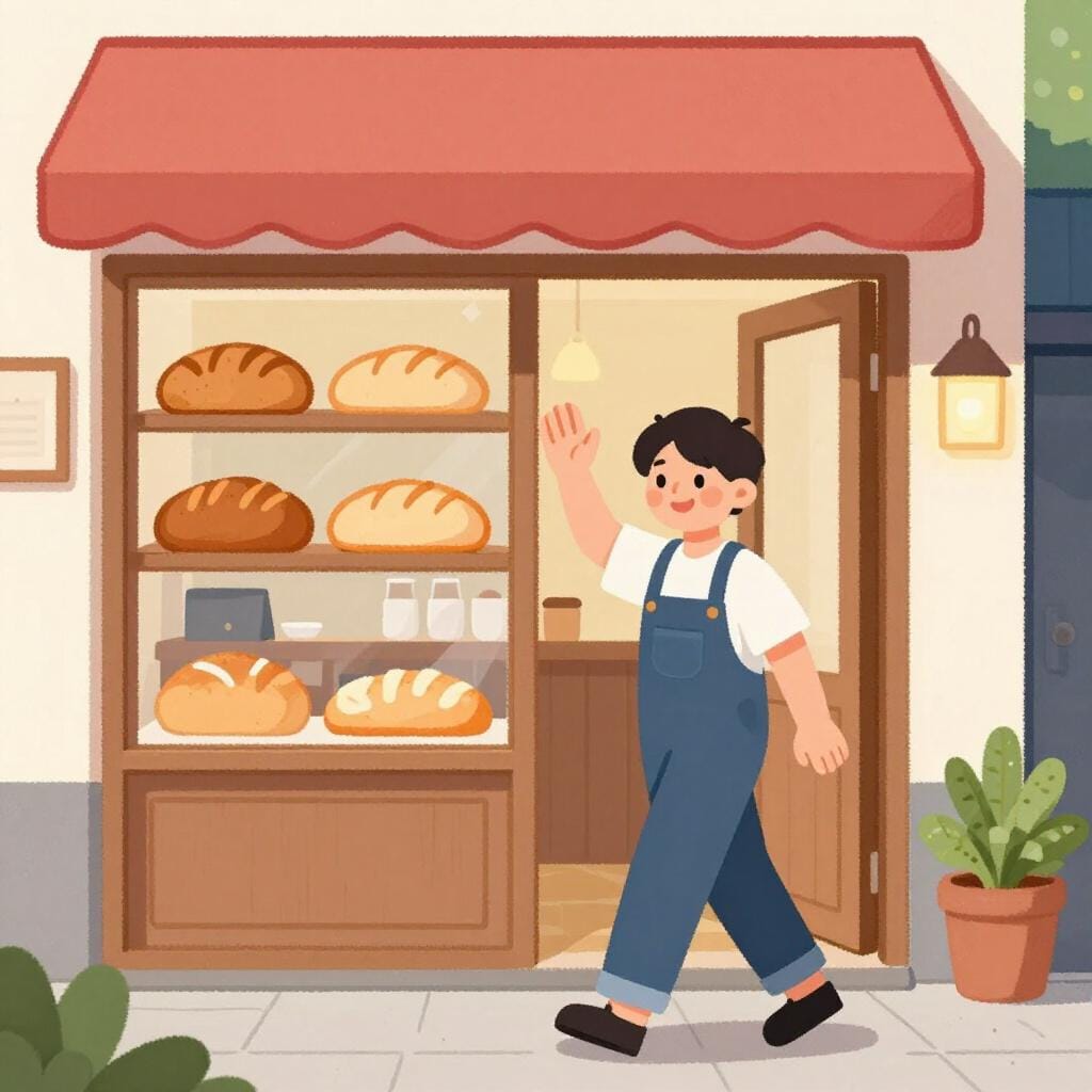 A friendly person waving to a baker inside a cozy neighborhood bakery they visit every day.