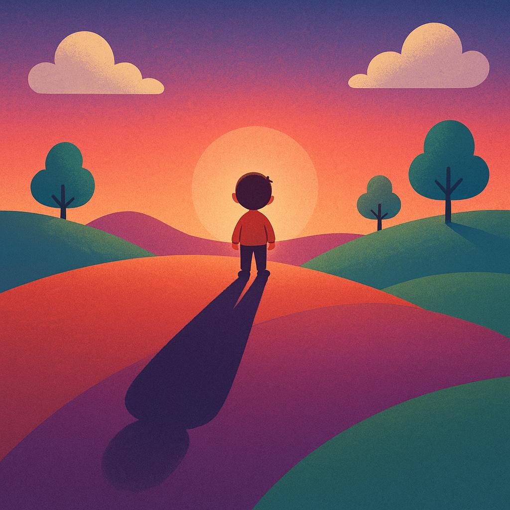 A tiny human figure standing on a hill casting an incredibly long shadow that stretches across the entire scene during the sunset.