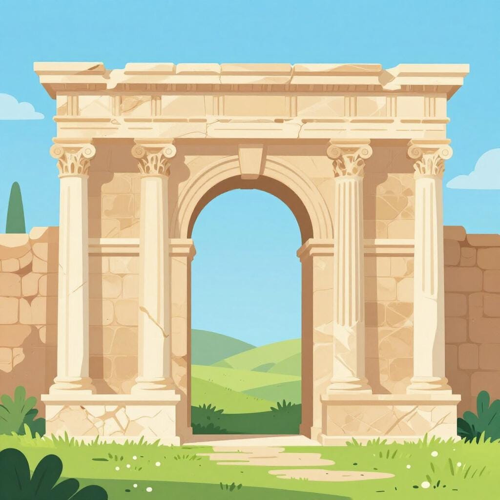 Une ancienne arche romaine en pierre se dressant sous un ciel bleu clair.