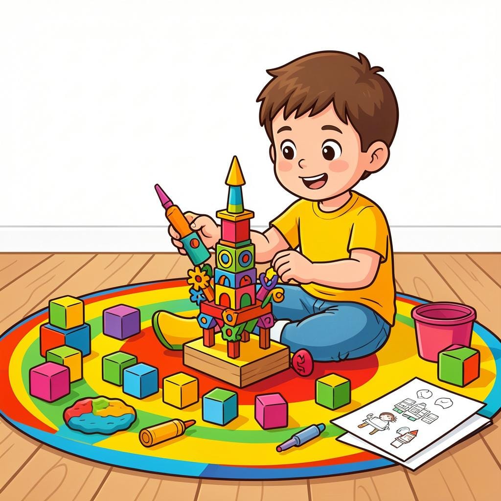 A child using various colorful materials to build a unique sculpture.