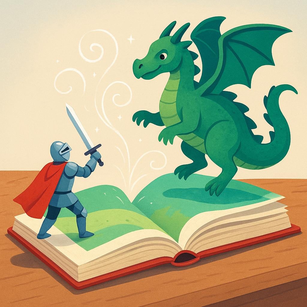 An open storybook resting on a table, from which a miniature, three-dimensional scene showing a heroic knight standing ready to face a large green dragon is visually lifting off the pages.