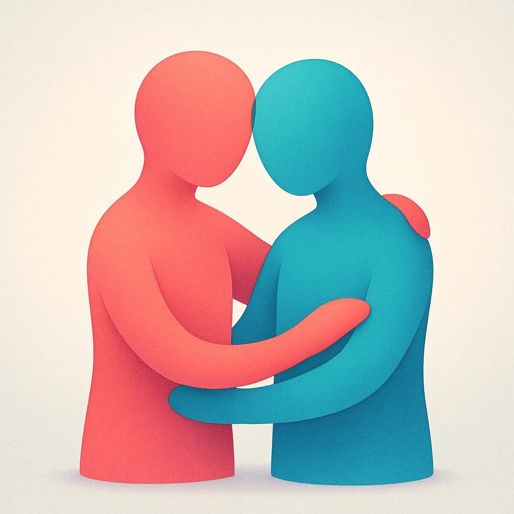 Duas silhuetas humanas simples e estilizadas muito próximas, suas cabeças e ombros ligeiramente sobrepostos, sugerindo intimidade.