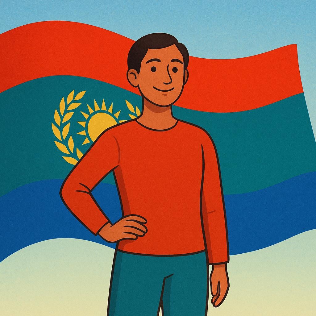 A person standing proudly under a large, colorful national flag, symbolizing legal membership in a country.