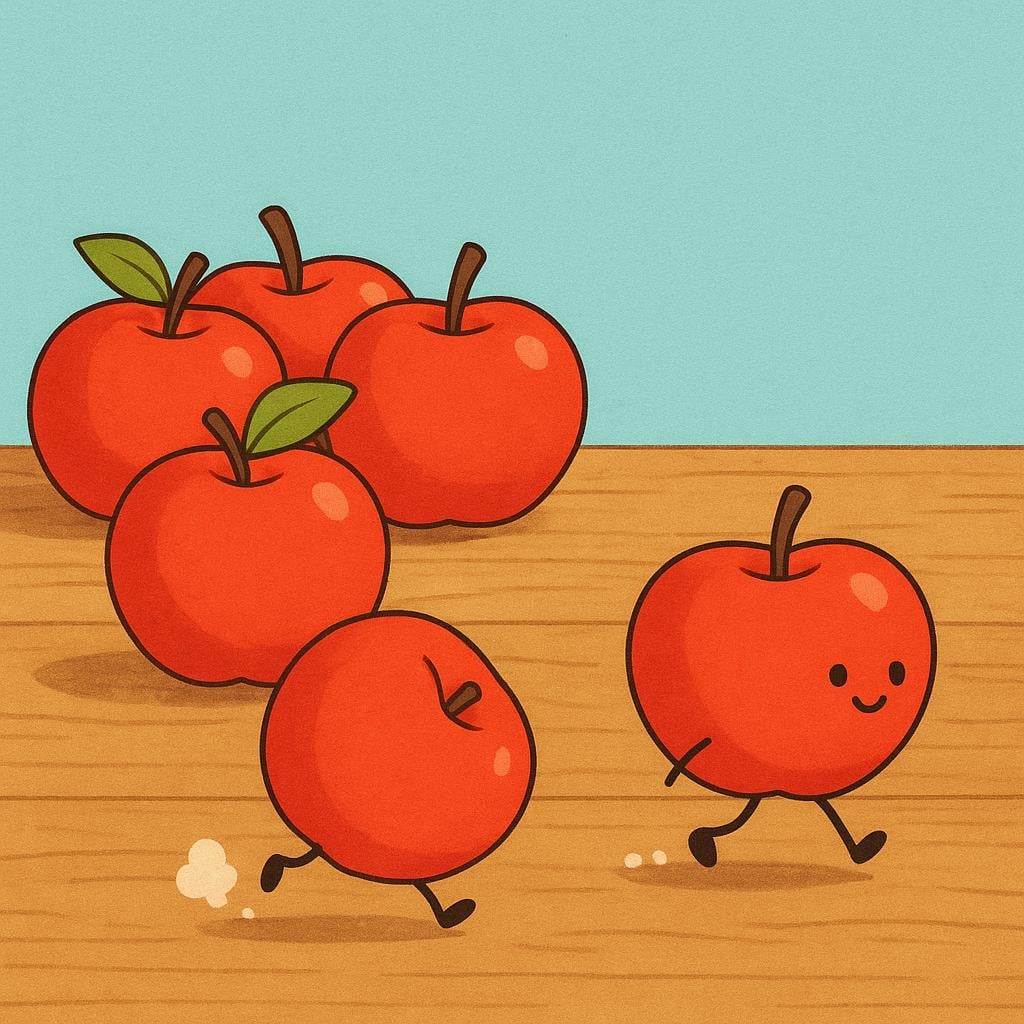 A group of red apples on a wooden table, two of which are unusual because they have small legs and are walking.